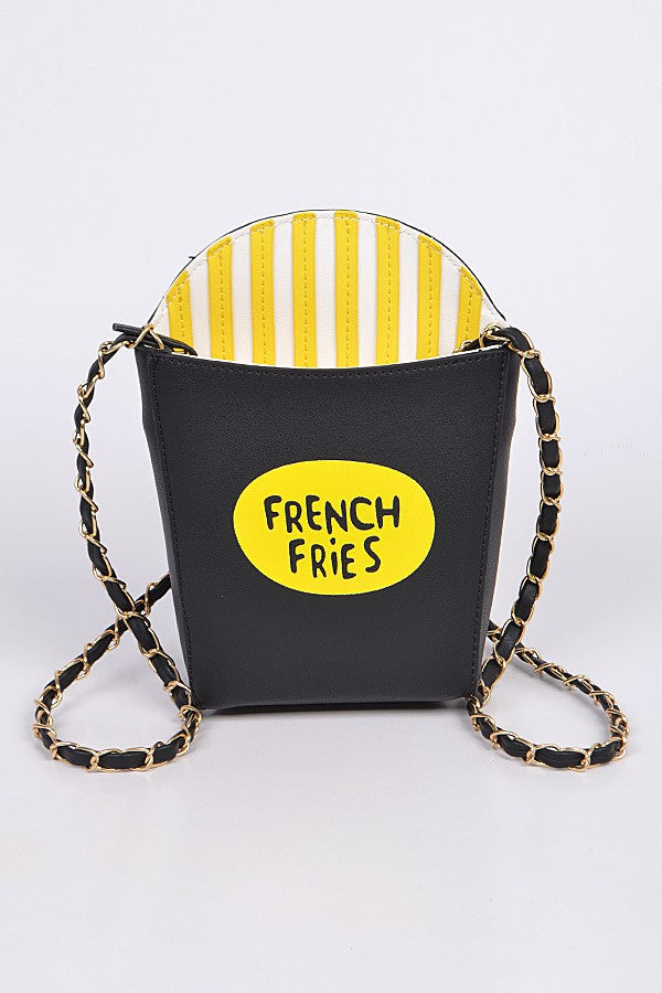 Black bag with yellow 'French Fries' text and yellow striped lid on a white background
