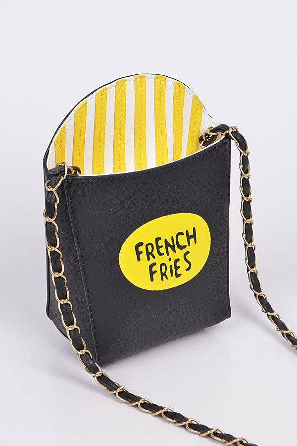 Black handbag with yellow 'French Fries' label and striped interior on a white background