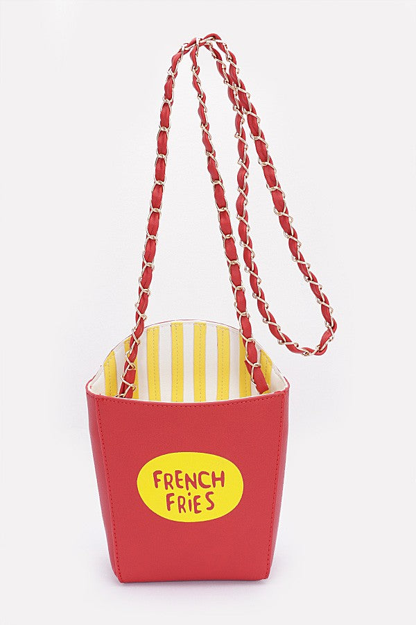 Red bucket with yellow interior and 'French Fries' label on a white background