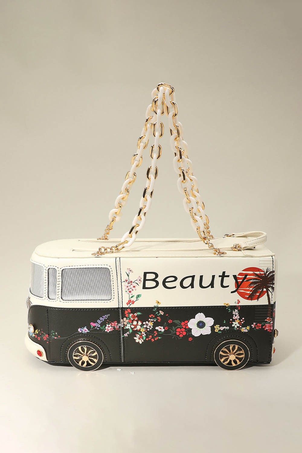 Faux Leather Floral Beauty Bus Chain Strap Bag