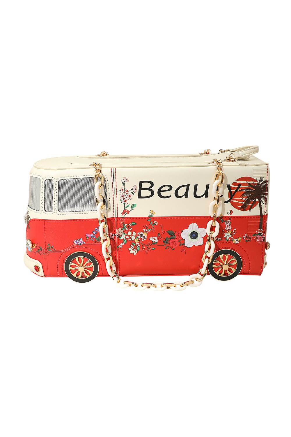 Faux Leather Floral Beauty Bus Chain Strap Bag