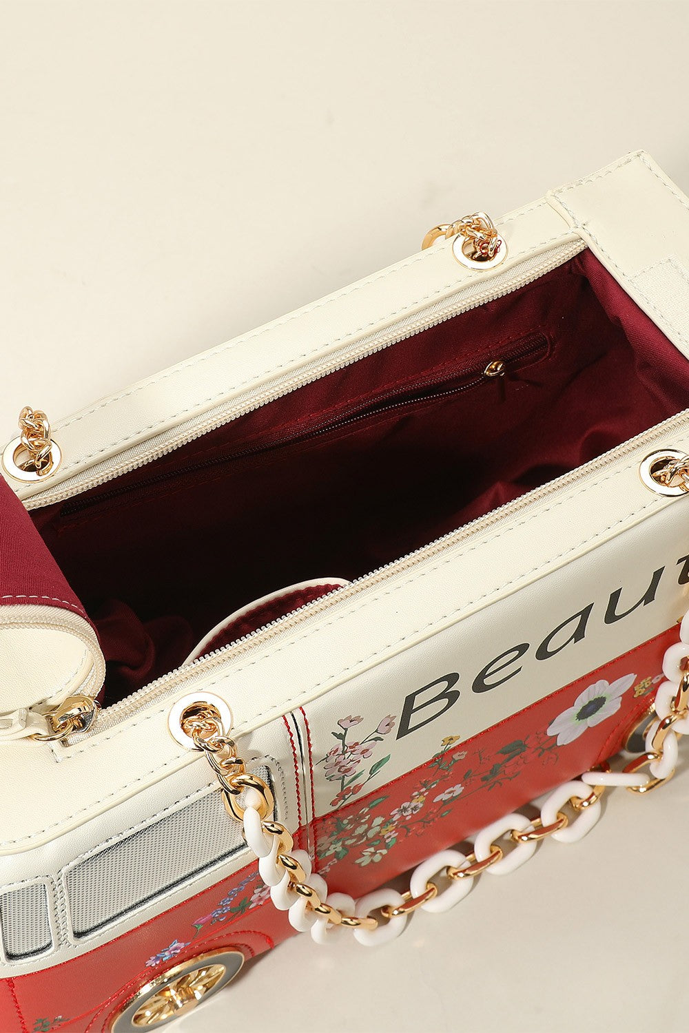 Faux Leather Floral Beauty Bus Chain Strap Bag