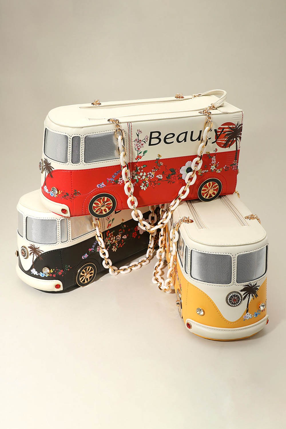 Faux Leather Floral Beauty Bus Chain Strap Bag