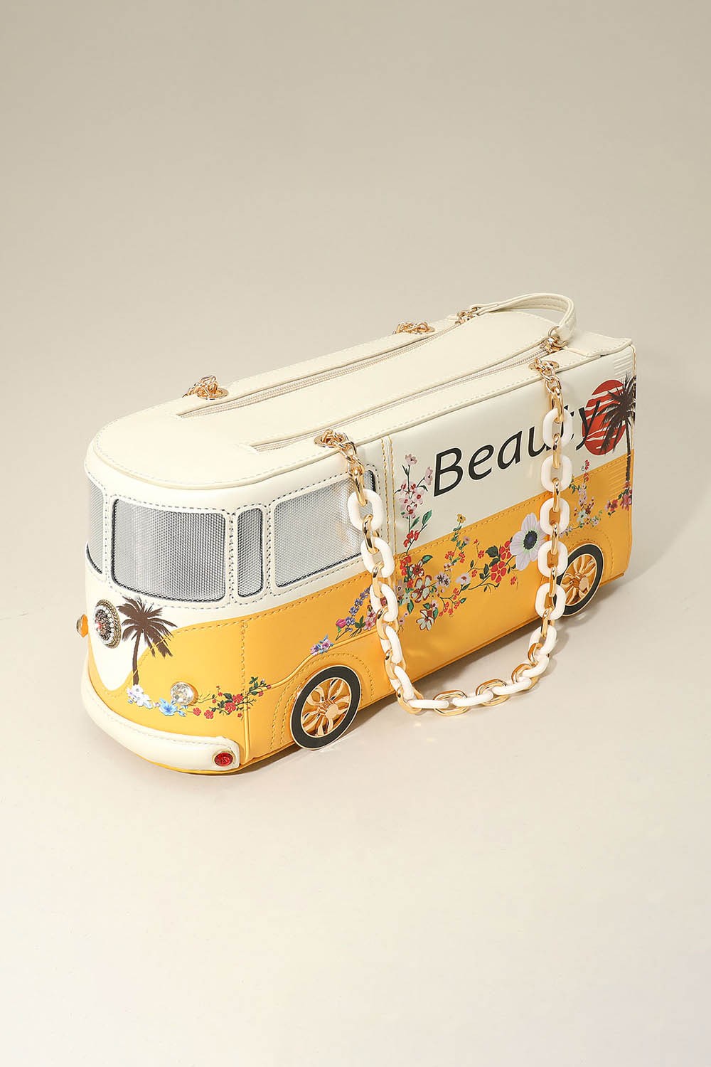 Faux Leather Floral Beauty Bus Chain Strap Bag