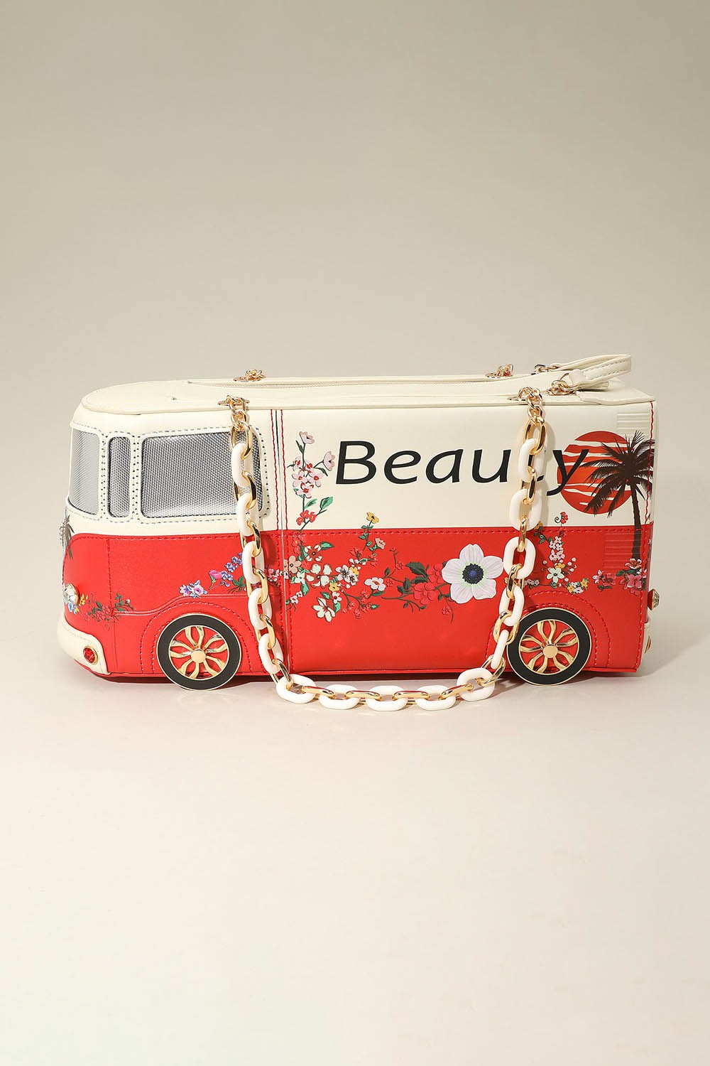 Faux Leather Floral Beauty Bus Chain Strap Bag