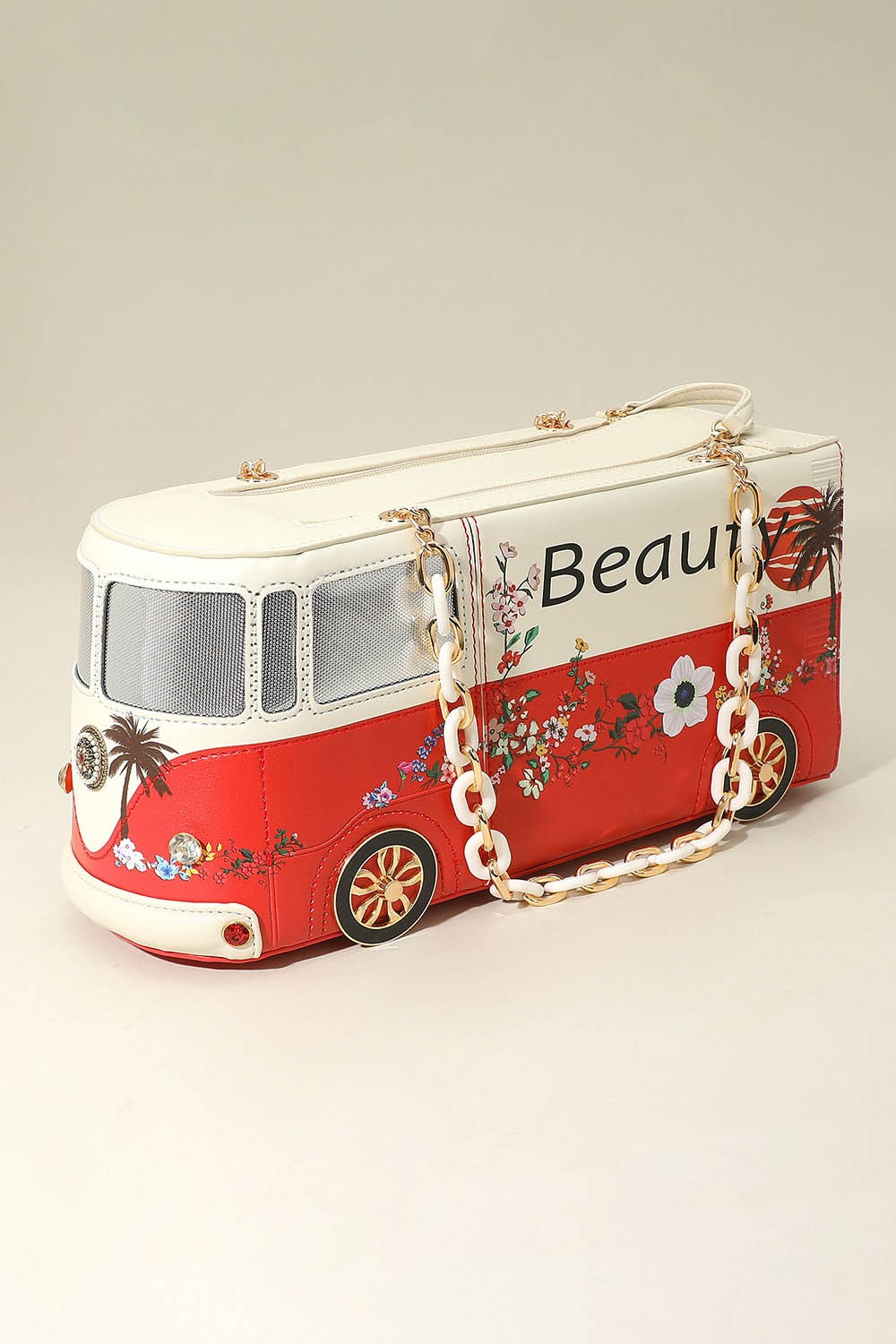 Faux Leather Floral Beauty Bus Chain Strap Bag